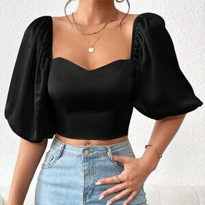 Black Casual Women's Sweetheart Neck Puff Sleeve Crop Blouse